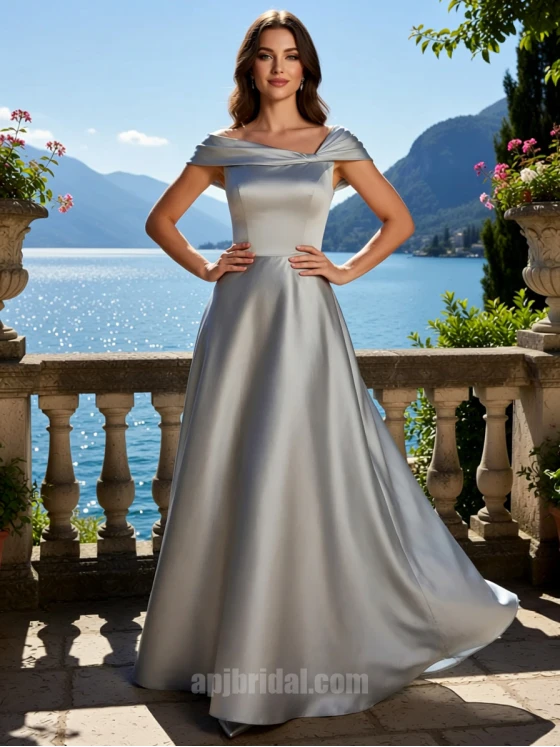 Silver Grey Off-the-Shoulder Pleated Satin A-Line Floor-Length Gown