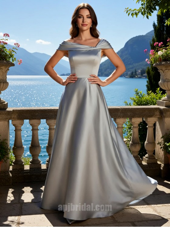 Silver Grey Off-the-Shoulder Pleated Satin A-Line Floor-Length Gown
