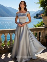 Silver Grey Off-the-Shoulder Pleated Satin A-Line Floor-Length Gown