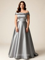 Silver Grey Off-the-Shoulder Pleated Satin A-Line Floor-Length Gown