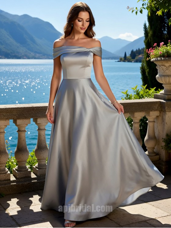 Silver Grey Off-the-Shoulder Pleated Satin A-Line Floor-Length Gown