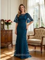 Peacock Blue Illusion Neckline Flare Sleeve Lace Mermaid Gown