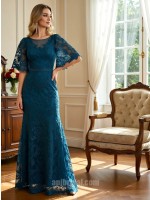 Peacock Blue Illusion Neckline Flare Sleeve Lace Mermaid Gown