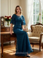 Peacock Blue Illusion Neckline Flare Sleeve Lace Mermaid Gown