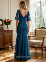 Peacock Blue Illusion Neckline Flare Sleeve Lace Mermaid Gown