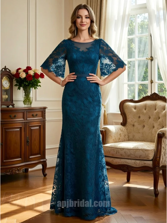Peacock Blue Illusion Neckline Flare Sleeve Lace Mermaid Gown
