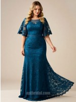 Peacock Blue Illusion Neckline Flare Sleeve Lace Mermaid Gown