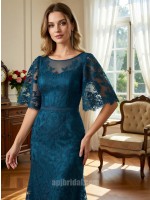 Peacock Blue Illusion Neckline Flare Sleeve Lace Mermaid Gown