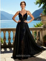 Black Plunging V-Neck Sequin Mermaid Gown with Detachable Overskirt