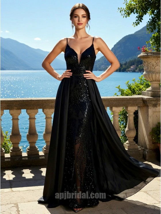 Black Plunging V-Neck Sequin Mermaid Gown with Detachable Overskirt
