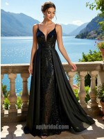 Black Plunging V-Neck Sequin Mermaid Gown with Detachable Overskirt