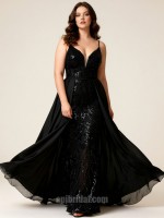 Black Plunging V-Neck Sequin Mermaid Gown with Detachable Overskirt