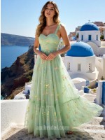 Mint Green Sweetheart 3D Floral Mesh Camisole A-Line Floor-Length Gown