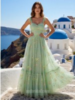 Mint Green Sweetheart 3D Floral Mesh Camisole A-Line Floor-Length Gown