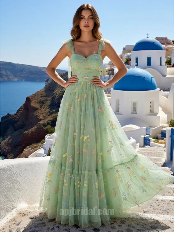 Mint Green Sweetheart 3D Floral Mesh Camisole A-Line Floor-Length Gown