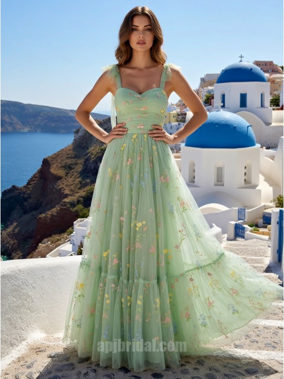Mint Green Sweetheart 3D Floral Mesh Camisole A-Line Floor-Length Gown