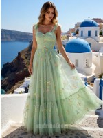 Mint Green Sweetheart 3D Floral Mesh Camisole A-Line Floor-Length Gown