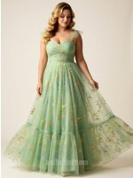 Mint Green Sweetheart 3D Floral Mesh Camisole A-Line Floor-Length Gown