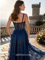 Navy Blue Square Neckline Sequin Lace Appliqué A-Line Floor-Length Gown