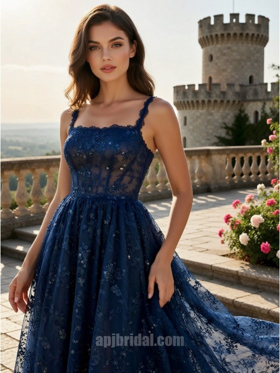 Navy Blue Square Neckline Sequin Lace Appliqué A-Line Floor-Length Gown