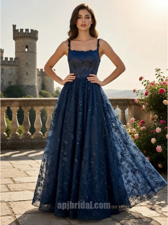 Navy Blue Square Neckline Sequin Lace Appliqué A-Line Floor-Length Gown