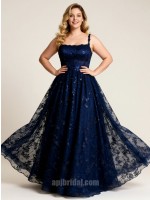 Navy Blue Square Neckline Sequin Lace Appliqué A-Line Floor-Length Gown
