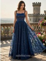 Navy Blue Square Neckline Sequin Lace Appliqué A-Line Floor-Length Gown