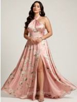 Pink Floral Halter Pleated Neckline High-Slit Chiffon Floor-Length Gown
