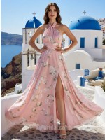 Pink Floral Halter Pleated Neckline High-Slit Chiffon Floor-Length Gown