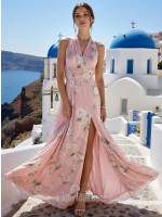 Romantic Pink Floral Halter V-Neck Chiffon Maxi Bridesmaid & Wedding Guest Dress