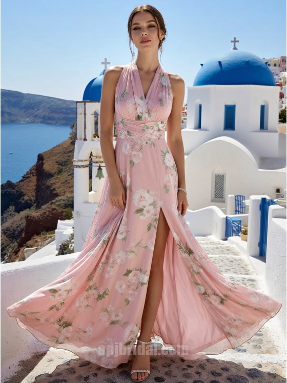 Romantic Pink Floral Halter V-Neck Chiffon Maxi Bridesmaid & Wedding Guest Dress