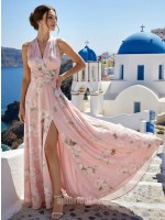 Romantic Pink Floral Halter V-Neck Chiffon Maxi Bridesmaid & Wedding Guest Dress