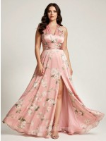 Romantic Pink Floral Halter V-Neck Chiffon Maxi Bridesmaid & Wedding Guest Dress