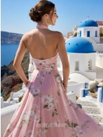 Romantic Pink Floral Halter V-Neck Chiffon Maxi Bridesmaid & Wedding Guest Dress