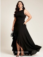 Black Minimalist Sleeveless Crew Neck Gown: Asymmetrical Ruffle High-Slit Formal Dress