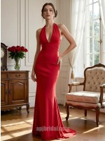 Red Plunging V-Neck Halter Crisscross Waist Mermaid Floor-Length Gown
