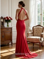 Red Plunging V-Neck Halter Crisscross Waist Mermaid Floor-Length Gown
