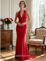 Red Plunging V-Neck Halter Crisscross Waist Mermaid Floor-Length Gown