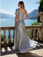 Silver Grey One-Shoulder Cape-Sleeve Sequin High-Slit Floor-Length Gown