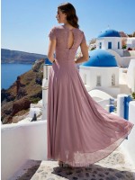 Dusty Pink Lace Short-Sleeve Patchwork Crew Neck A-Line Chiffon Gown