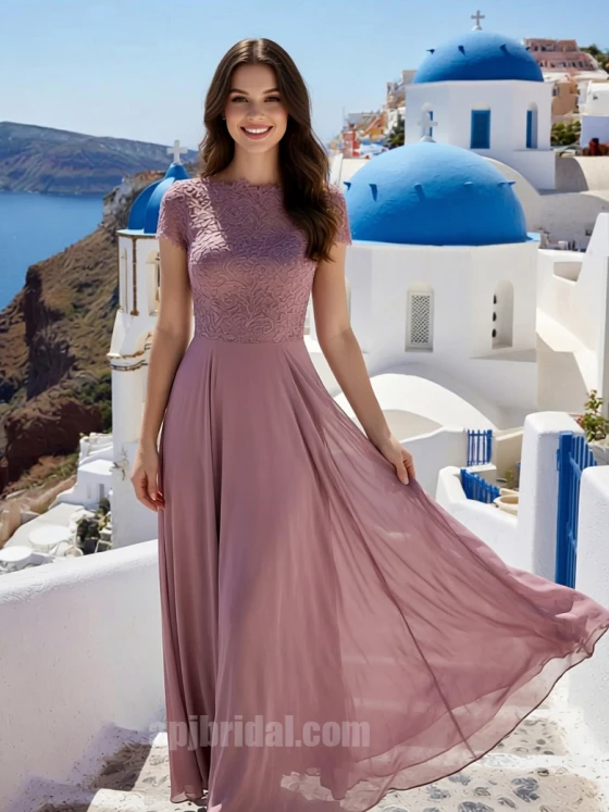 Dusty Pink Lace Short-Sleeve Patchwork Crew Neck A-Line Chiffon Gown