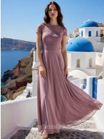 Dusty Pink Lace Short-Sleeve Patchwork Crew Neck A-Line Chiffon Gown