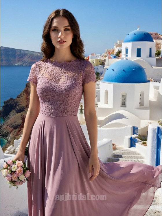 Dusty Pink Lace Short-Sleeve Patchwork Crew Neck A-Line Chiffon Gown