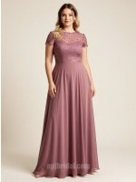 Dusty Pink Lace Short-Sleeve Patchwork Crew Neck A-Line Chiffon Gown