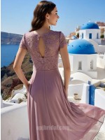 Dusty Pink Lace Short-Sleeve Patchwork Crew Neck A-Line Chiffon Gown