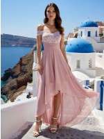 Pink Off-the-Shoulder Lace Appliqué High-Low Asymmetrical Layered Chiffon Gown