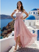 Pink Off-the-Shoulder Lace Appliqué High-Low Asymmetrical Layered Chiffon Gown