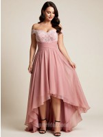 Pink Off-the-Shoulder Lace Appliqué High-Low Asymmetrical Layered Chiffon Gown