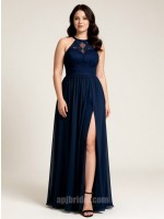 Navy Blue Halter Lace Appliqué High-Slit Floor-Length Chiffon Gown