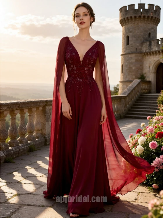 Burgundy Plunging V-Neck Embroidered Cape-Sleeve Flowing Chiffon A-Line Gown